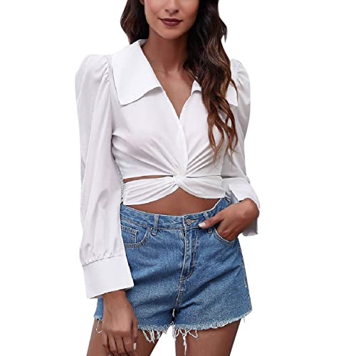 GOTOTOP Damen Crop Top Blusen Puff Langarm Twist Front Tie Back Oberteil Wickelshirt Slim fit Hemdbluse(M-Weiß) von GOTOTOP