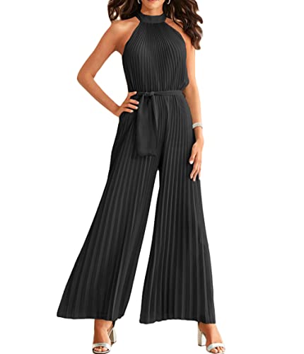 GOWEGB Neckholder-Jumpsuits für Damen, elegant, Sommer, ärmellos, weites Bein, Overall und Strampler, Dressy, Party, Cocktail, Playsuit, Schwarz , Large von GOWEGB