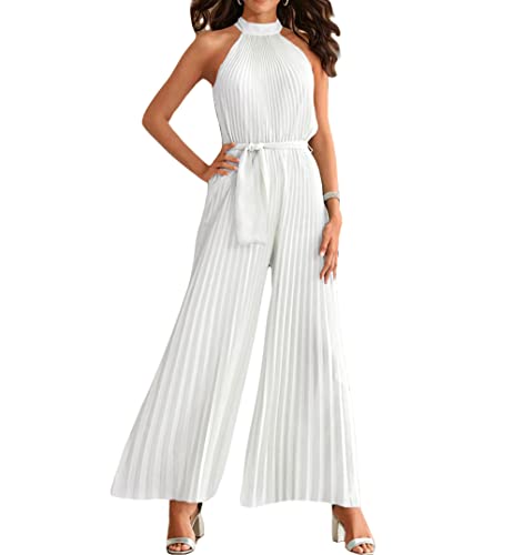 GOWEGB Neckholder-Jumpsuits für Damen, elegant, Sommer, ärmellos, weites Bein, Overall und Strampler, Dressy, Party, Cocktail, Playsuit, weiß, Small GOWEGB Neckholder-Jumpsuits für Damen, elegant, Sommer, ärmellos, weites Bein, Overall und Strampler, Dressy, Party, Cocktail, Playsuit, weiß, Small von GOWEGB