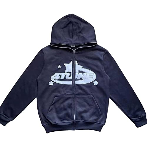 GOZYLA Damen Männer 4TUNE Sterndruck Reißverschluss Hoodie Sweatshirt Langarm Y2K E-Girl Pullover Oversize Vintage Kapuzenpullover Harajuku Streetwear Hoodie (Color : A-Navy Blue, Size : L) von GOZYLA