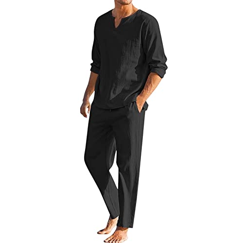 GOZYLA Herren 2 Stück Baumwolle Leinen Set Button Down Hemd Langarm Casual Strand Hose Sommer Yoga Outfits (Color : Schwarz, Size : XL) von GOZYLA