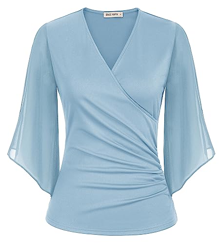 Damen Chiffon Bluse 3/4 Ärmel Elegant Tunika Loose Fit Lässig Bequem Sommershirt Fledermaus Oberteile L Hellblau von GRACE KARIN