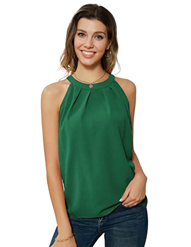 Damen Neckholder Top Chiffon Bluse T-Shirt Rundhals Ärmellose Oberteile Tank Tops Top Damen Sommer Oberteile Dunkelgrün L CL1104S22-10 von GRACE KARIN