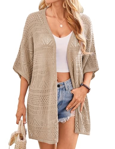 Damen Häkel Lange Cardigans Sommer Strand Kimonos Strickjacke Boho Kurzflügel Ärmel Solide Lockere Passform Offene Front Strickjacke Hell Khaki L Damen Häkel Lange Cardigans Sommer Strand Kimonos Strickjacke Boho Kurzflügel Ärmel Solide Lockere Passform Offene Front Strickjacke Hell Khaki L von GRACE KARIN