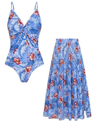 Damen Straps Bikini Hohe Taille V Ausschnitt Schwimmen Badeanzug mit Langem Rock Blau rote Blume L von GRACE KARIN