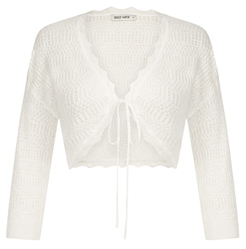 GRACE KARIN Damen 3/4 Ärmel Cropped Cardigan Pullover Elegant Crochet Knit Bolero Shrugs für Frauen Kleider, Weiss/opulenter Garten, Mittel von GRACE KARIN