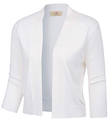 GRACE KARIN Damen 3/4 Ärmel Strick Cropped Cardigan Pullover Open Front Bolero Shrugs Mantel Tops S-3XL, Weiss/opulenter Garten, Klein von GRACE KARIN