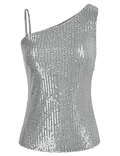 GRACE KARIN Damen Asymmetrische Schulter Tops Pailletten Casual Glänzende Party Camisole Silber S von GRACE KARIN