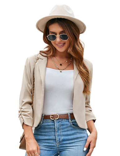 GRACE KARIN Damen Casual Cropped Blazerjacke 3/4 Ärmel Offene Blazer kurz Leicht Jacke Business Mantel Strickjacke Cardigan S Aprikose-Anzugstoff CL2584A23-03 von GRACE KARIN