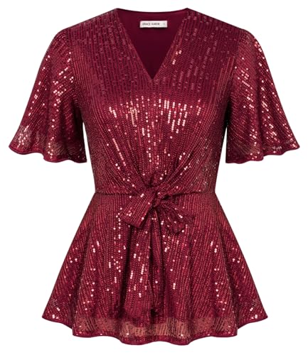 Damen Elegant Bluse Kurze Glockenärmel Tunika Pailletten Shirt Slim Fitted mit Gürtel Bluse für Weihnachten Party Rotwein S von GRACE KARIN