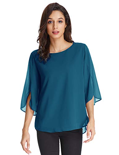 GRACE KARIN Damen Elegant Chiffon Bluse Oberteile Langarmshirt Casual Tops Elegant Oberteile S Cerulean CLAF15-29 von GRACE KARIN