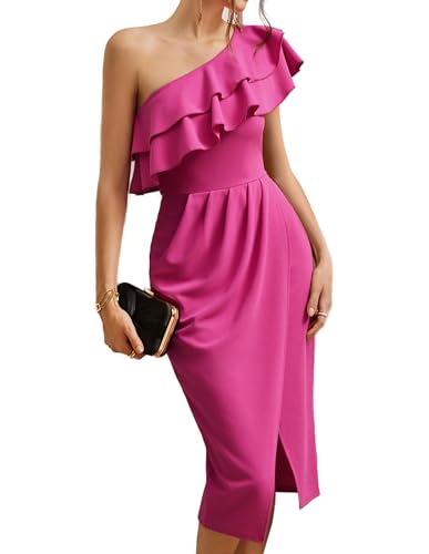 GRACE KARIN Damen Elegantes Bodycon Kleid Wickelsaum Gerüschtes Partykleid EIN-Schulter Schrägausschnitt Kleid Tiefrosa XXL von GRACE KARIN