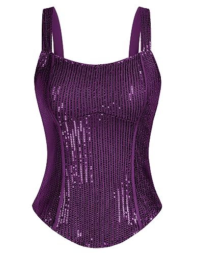 GRACE KARIN Damen Glitzernde Ärmellos Tanktop Pailletten Oberteil mit Spaghettiträger Tanz Party Träger Tops Violett XL von GRACE KARIN