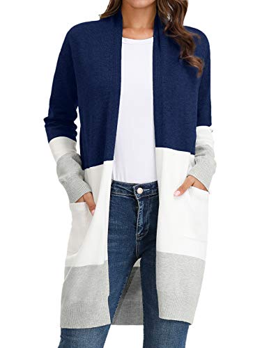 GRACE KARIN Damen Lang Casual Bunter Strickjacke Offene Langarm Cardigan mit Taschen M Navyblau-Weiß-Grau CLE02245-1 von GRACE KARIN