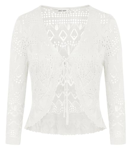 GRACE KARIN Damen Leichter Casual Cardigan Bolero 3/4 Ärmel V-Ausschnitt Strickjacke Kurz Shrug Tie-Front Knitwear Bolero für Kleider Tops S Weiß CL2952S24-02 von GRACE KARIN