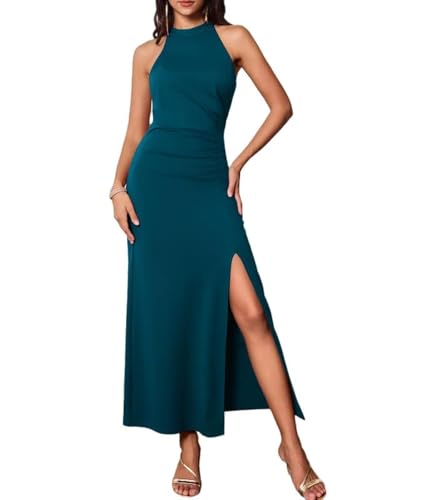 GRACE KARIN Damen Neckholder Kleider mit Schlitz Sexy Party Cocktail Bodycon Lang Brautjungfer Kleid Blau Grün XL von GRACE KARIN