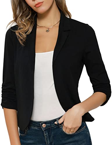 GRACE KARIN Damen Open Front 3/4 Ärmel kurz Leicht Jacke Business Casual Cropped Gestrickt Blazer Mantel Strickjacke Cardigan M Schwarz CL1225S22-02 von GRACE KARIN