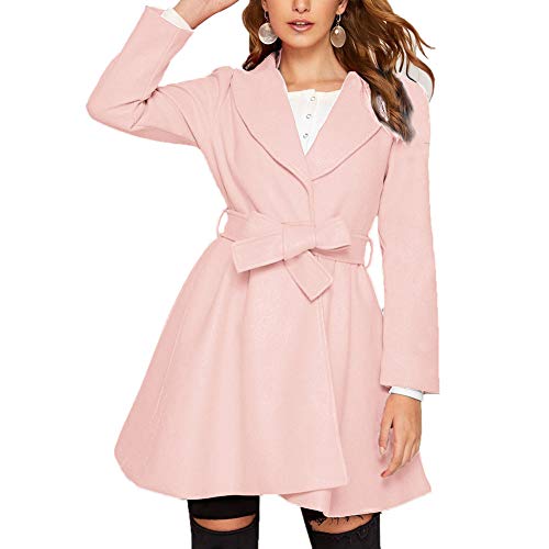 GRACE KARIN Damen Outwear Wintermantel Mantel Wintercoat mit Gürtel Langarm Coat Revers Warm Jacke einfarbig Mantel casual style Rosa S CLX005A20-05 von GRACE KARIN