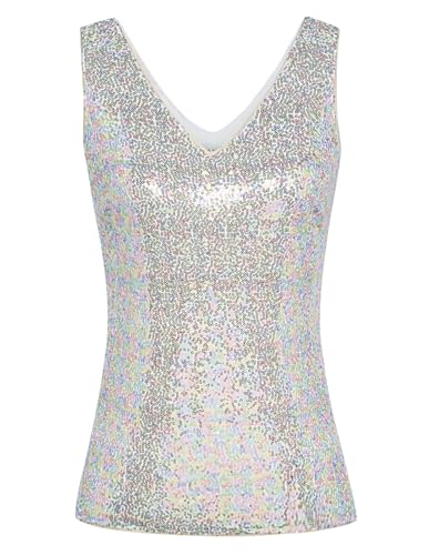 GRACE KARIN Damen Pailletten Bluse Sparkle Shimmer Weste Ärmellos V-Ausschbitt U-Back Side SplitBluse Tunika M Silber Bunt Cl011080-14 von GRACE KARIN