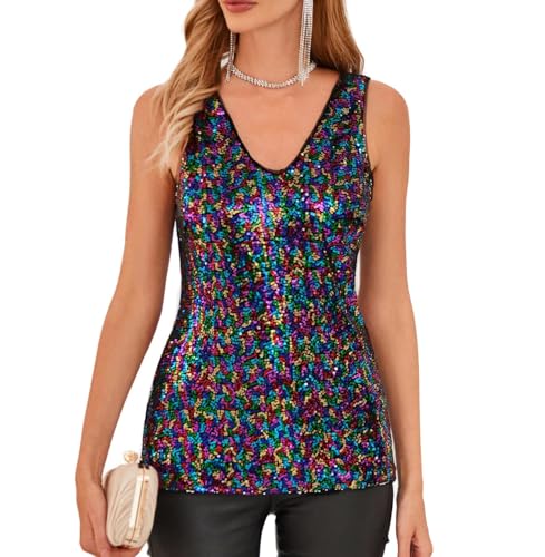 GRACE KARIN Damen Pailletten Tops Sparkle Shimmer Weste Ärmellos V-Ausschbitt U-Back Side Split Bluse Tunika S Schwarz-Bunt CL0813A21-08 von GRACE KARIN