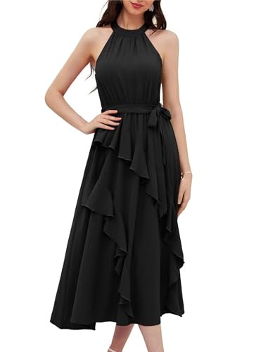 Damen Bequeme Freizeitkleid Neckholder Sommer Strandkleid Rüschen mit Schlitz Maxikleid Slim Fit A-Linie Kleid Urlaub Schwarz S von GRACE KARIN