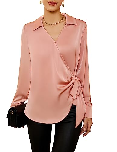 GRACE KARIN Damen Satin Seide Blusen Wrap V Ausschnitt Shirts Langarm Elegante Krawatte Taille Büro Formale Arbeit Tunika Pullover Tops, Pink, Mittel von GRACE KARIN