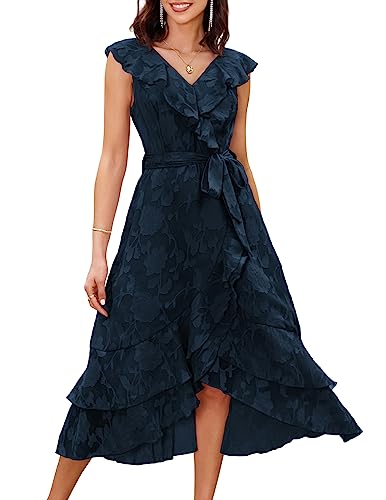 GRACE KARIN Damen Sommer Brautjungfernkleider für Hochzeit V Ausschnitt Rüschen Party Cocktailkleider Chiffon Flowy Wickelkleid, Marineblau, Mittel von GRACE KARIN