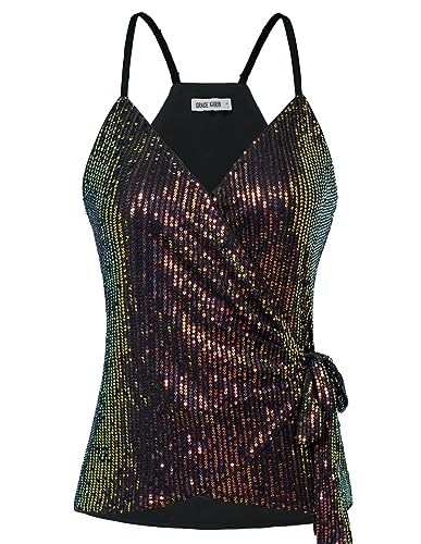 GRACE KARIN Damen Spaghettitops V Ausschnitt Pailletten Crop Tank Top Sommer Glitzer Ärmellose Camisoles Oberteile zum Schnüren, Farbe: Schwarz-Gold, Size XXL von GRACE KARIN