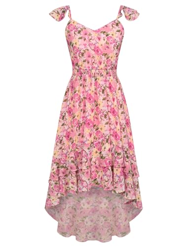 GRACE KARIN Damen Spaghettiträger Blumenkleid A-Linie Chiffong Strandkleid für Urlaub Elegant V-Ausschnitt Freizeitkleid Rosa Blumen 2XL von GRACE KARIN