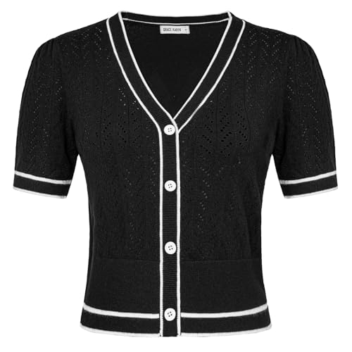 GRACE KARIN Damen Strickjacke Elegant Vorne Offen mit Knopf Kurzjacke Damen Festlich Hochzeit XL Schwarz -2 von GRACE KARIN