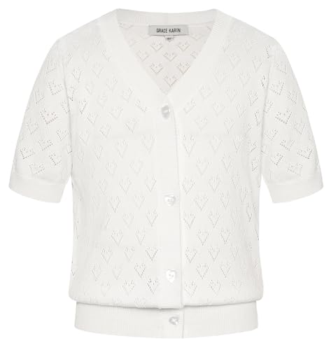 GRACE KARIN Mädchen Casual Kinder Cardigan Sommer Leicht Einfarbig Strickjacke mit Knopf Leicht Kurzarm Oberteil Weiß 12 Jahre von GRACE KARIN