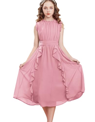 GRACE KARIN Mädchen Kleid Einschulung 134 Kinder Sommerkleid Chiffon 140 Festliches Casual Hochzeit Kleider Rosa von GRACE KARIN