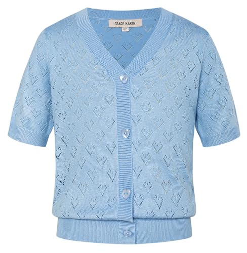 GRACE KARIN Mädchen Leicht Sommer Kurzarm Strickjacke Kinder Einfarbig Oberteil mit Knopf Lässig Strick Tops Hellblau 8 Jahre von GRACE KARIN