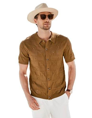 Herren Kurzärmliger Revers T Shirt mit Knöpfen Lässiger Hohl Cardigan Kamel XL von GRACE KARIN