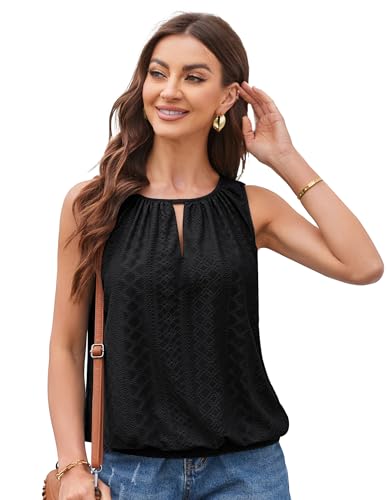 Ladies Vintage Elegant Leichtes Sommer Hohles Shirt Rundhals Alltag Hemdbluse Fashion Ärmelloses Tunika Top Sommer Strand Bluse Schwarz M von GRACE KARIN