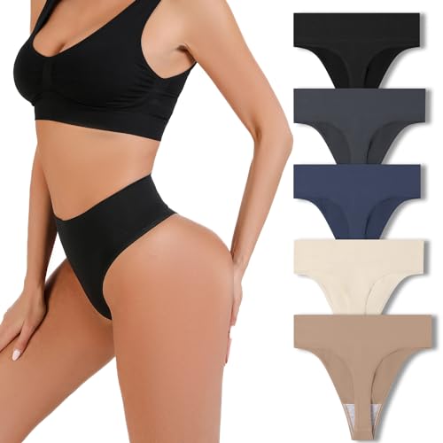 GRANKEE Damen String Unterwäsche mit hohem Bund, No Show breiter Bund Tangas, mit Modale Schrittunterwäsche Multipack(BSYUG 5 Pack L) von GRANKEE