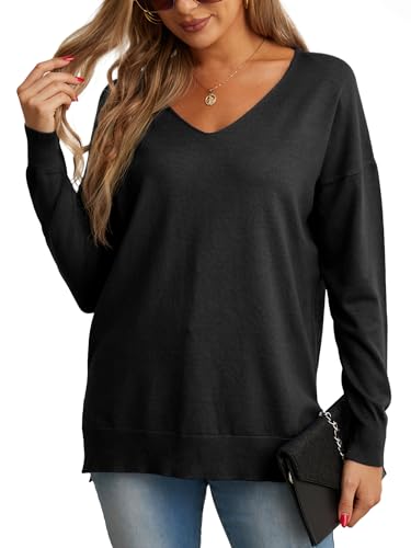 GRECERELLE Damen Pullover Sweatshirt Damen Casual Klassisch Einfarbig Pullover Knit V Ausschnitt Langarm Jumper Tops Bluse T-Shirt für Winter Herbst Frühling, 01 Black, XL von GRECERELLE