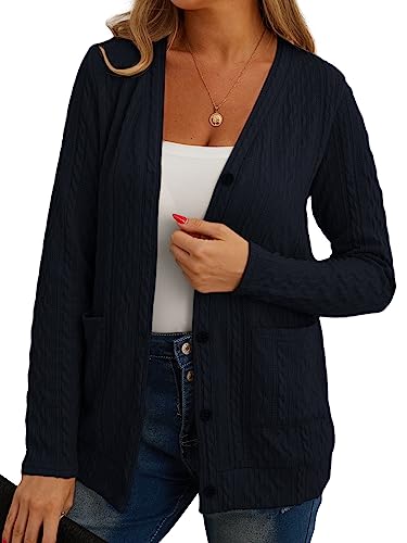 GRECERELLE Strickjacke Damen Cardigan Damen Elegant Gedrehte Strickjacke für den Herbst mit Knöpfen, V-Ausschnitt und praktischen Taschen, Dünne und Stilvoll (Marineblau, M) von GRECERELLE