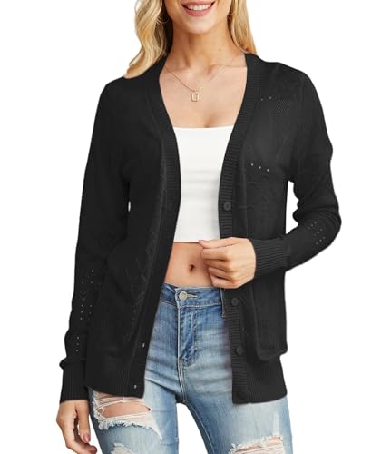 GRECERELLE Strickjacke für Damen Elegant Leichte Dünne Sommer Cardigan mit Knöpfen Strand Strick Cover Up (Schwarz, XXL) von GRECERELLE