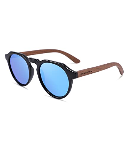 GREENTREEN Holz Sonnenbrillen Herren Damen, Retro Polarisierte Sonnenbrille, UV400 Schutz Gläser von GREENTREEN