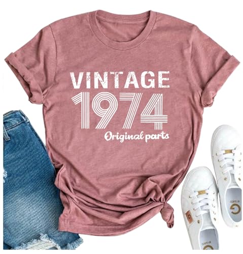 T-Shirt für Damen zum 50. Geburtstag, Originalteile von 1974, Vintage-T-Shirts, lustiges Geschenk zum 50. Geburtstag, Party-T-Shirts, Pink, Groß von GREFLYING