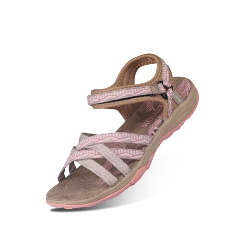 GRITION Frauen Wandern Sandalen, Damen Outdoor Sport Wasser Schuhe Sommer Flach Cross-Tied Beach Sandalen Open Toe Verstellbare klettverschluss Walking Schuhe Schwarz (EU 38, Beige/Pink) von GRITION