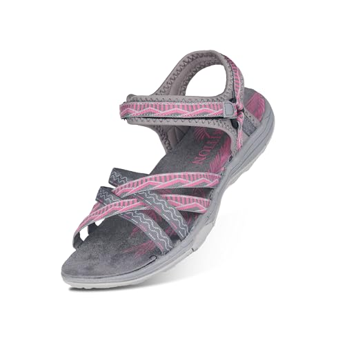 GRITION Frauen Wandern Sandalen, Damen Outdoor Sport Wasser Schuhe Sommer Flach Cross-Tied Beach Sandalen Open Toe Verstellbare klettverschluss Walking Schuhe Schwarz (EU 38, Grau/Pink) von GRITION