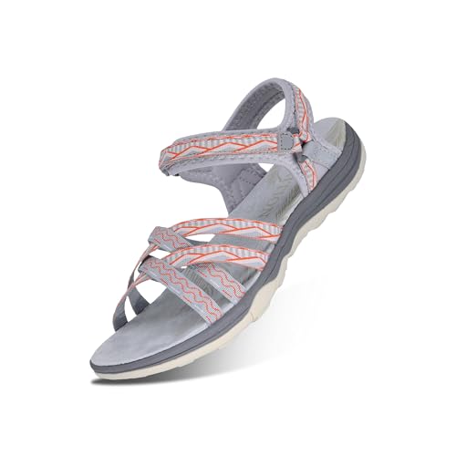 GRITION Frauen Wandernsandalen Sommer Damen Trekking Sport Wasser Sandalen Flach Cross-Tied Beach Peeptoe Verstellbare klettverschluss Walking Schuhe MEHRWEG (36 EU, Orange) von GRITION