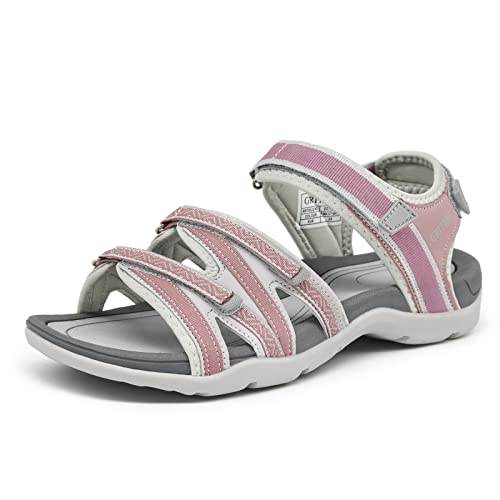 GRITION Trekkingsandalen Damen Sommer, Verstellbar Flach Wandersandalen Bequeme Outdoor Sandalen Frauen Offene Zehe Sandale Sportsandalen Leicht Strand Wasser Schuhe Rosa pink MEHRWEG (39EU) von GRITION