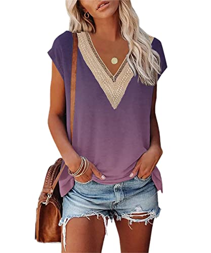 GRMLRPT Damen Ärmellos V-Ausschnitt Bluse Elegant Flügelärmeln Loose Casual T-Shirts Sommer Tops Oberteile Basic Einfarbige Tunika Lässig(Violett,S) von GRMLRPT