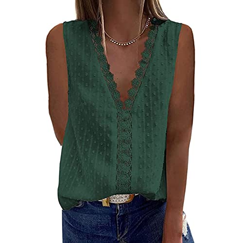 GRMLRPT Damen Bluse Chiffon Blusenshirt Hemd Spitze V-Ausschnitt Elegant Ärmellos Casual Oberteile Tops Tunika T-Shirt (Grün,L) von GRMLRPT