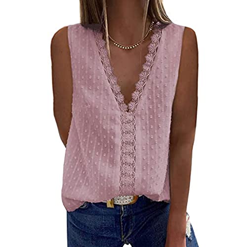 GRMLRPT Damen Bluse Chiffon Blusenshirt Hemd Spitze V-Ausschnitt Elegant Ärmellos Casual Oberteile Tops Tunika T-Shirt (Rosa,L) von GRMLRPT