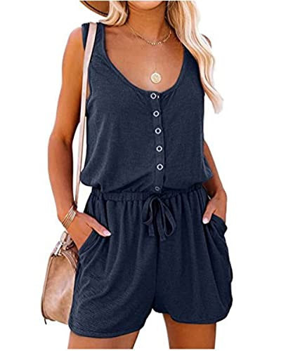 GRMLRPT Damen Jumpsuit Elegant Ärmellos U-Ausschnitt Overall Sommer Lose Hosenanzug Kurz Playsuit Romper Sommer Strand Beachwear(Blau,XL) von GRMLRPT