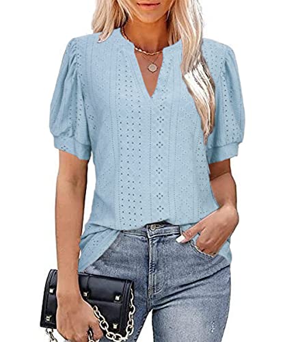 GRMLRPT Damen Kurzarm V-Ausschnitt Bluse Loose Casual T-Shirts Sommer Tops Bluse Puffärmel Tunika Lässig(Blau,XL) von GRMLRPT